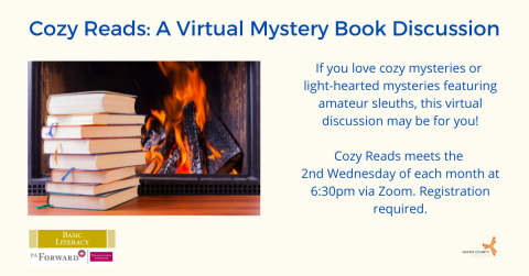 Image of a stack of books in front of a fireplace with wording in blue describing the Cozy Reads book discussion