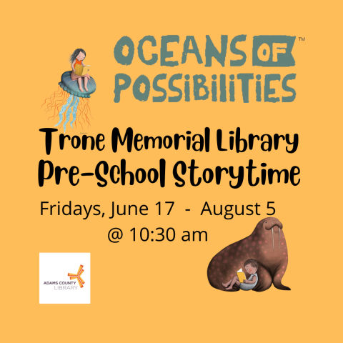 pre-school storytime announcement in text form on an orange background with images of a walrus and a jellyfish and a boy and girl reading a book