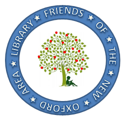 a blue circle with text inside surrounding a green apple tree with the silhouette of a person sitting, leaning against it reading a book