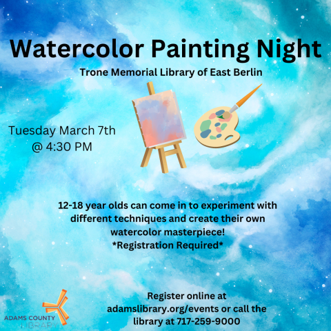 Blue watercolor background image with small picture of art easel and palette in center of image. 