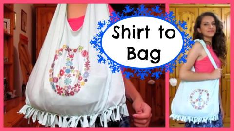 a teenage girl with a handmade bag from a recycled t-shirt with a peace sign on it