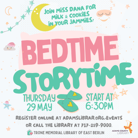 A graphic of a pillow and the moon with the words Bedtime Storytime, Thursday, June 29th at 6:30pm.