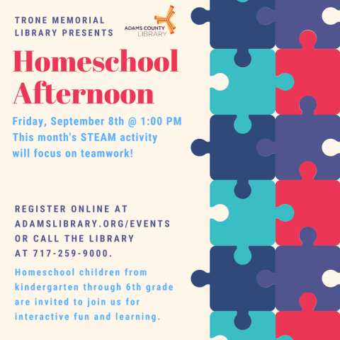 A graphic of interlocking puzzle pieces with the words Homeschool Afternoon, Friday, September 8th at 1:00pm. 
