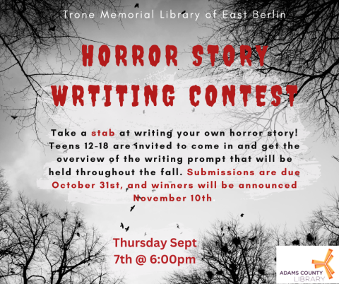 Text on top of spooky background of crows and barren trees