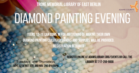 Text about event on top of picture of someone creating a diamond painting