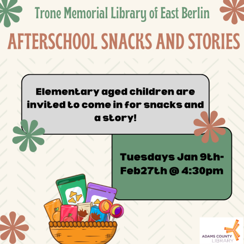 Picture with text about event and image of a basket filled with various snacks