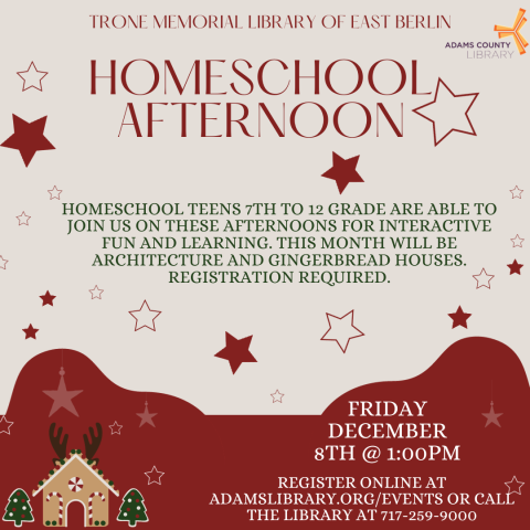 Text on top of holiday background with gingerbread house