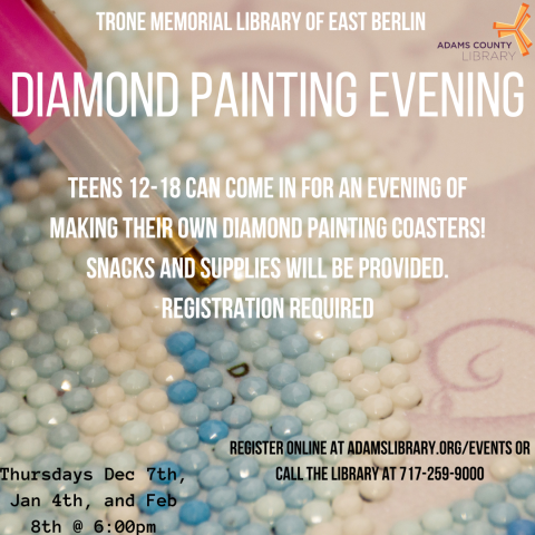 Text describing event date and time on top of image of person making diamond art