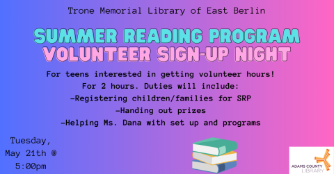 text on top of blue to purple gradient with books down at the bottom.