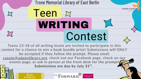 Text on grey background with person writing in right corner and books in left corner