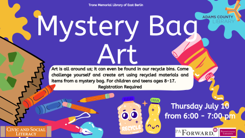 different paint splatters and paper bag with art supplies falling out alongside recycled materials and text about event.