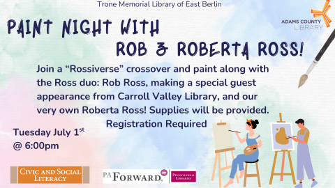 Two people painting and a paint brush accompanying text