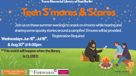 Text accompanying image of people and a bear making s'mores over a campfire