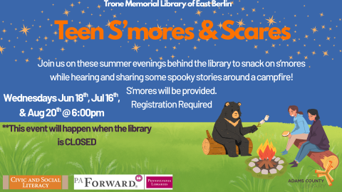 Text accompanying image of people and a bear making s'mores over a campfire