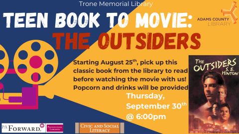 Book cover of the Outsiders and film projector with text on event.