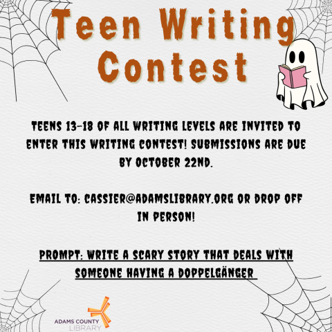 Text about event with ghost reading book and spiderwebs in corners.