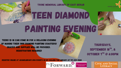Image of people diamond painting along with text about event.