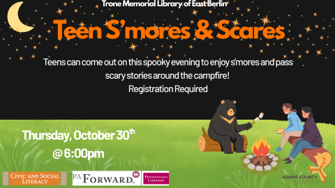 Text about event accompanied by starry night and bear sharing s'mores with two teens.