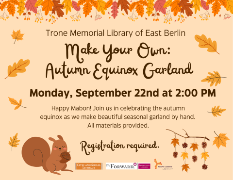 Flyer with fall foliage and squirrel. containing information about autumn equinox garland