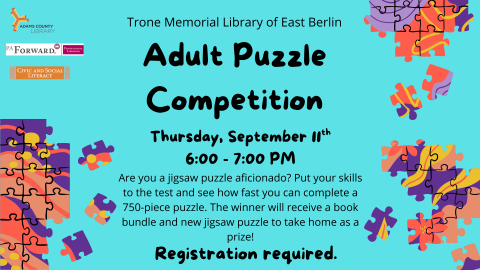 Flyer with teal background and puzzle pieces containing information about Adult Puzzle Competition program