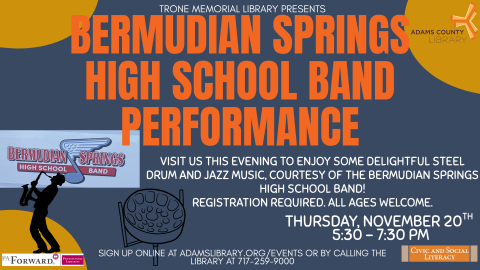 Photos of the Bermudian Springs High School Band logo, a steel drum and jazz musician accompanying text about event.
