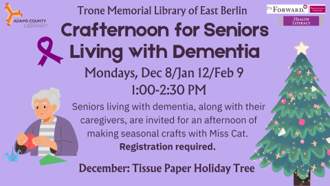Purple flyer with details for Crafternoon for Seniors with Dementia, on December 8th