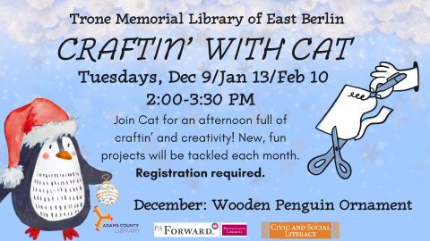 Penguin holding ornament alongside information about Craftin' with Cat program