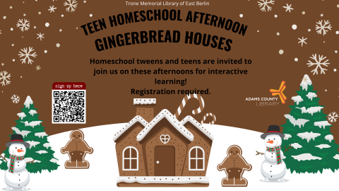 Gingerbread men with a gingerbread house, snowmen, and snow covered trees with text accompanying event
