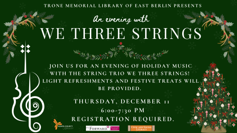 Green flyer with Christmas tree and garland on it, detailing event specifics of We Three Strings performance in December