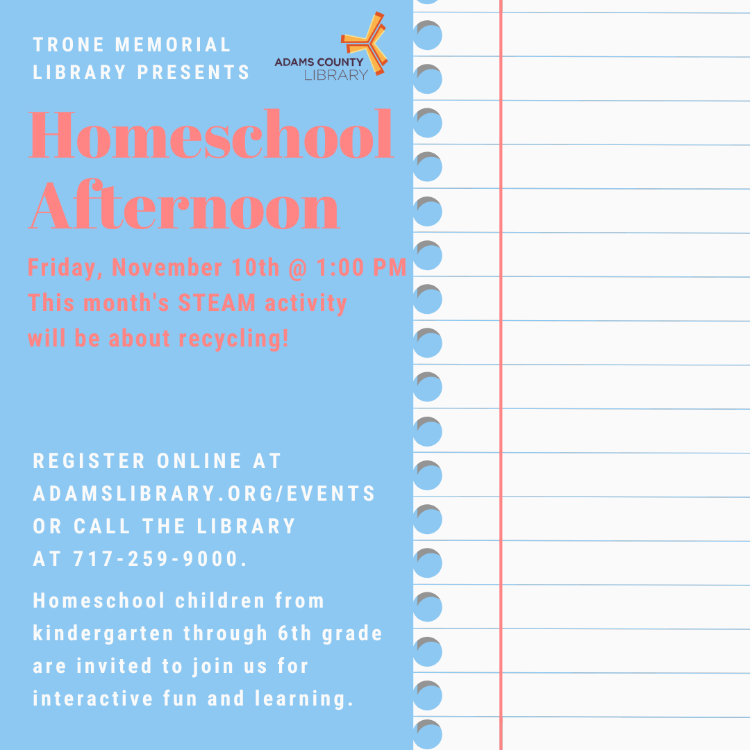 A graphic of lined paper and the words Homeschool Afternoon, Friday, November 10th at 1:00pm. 