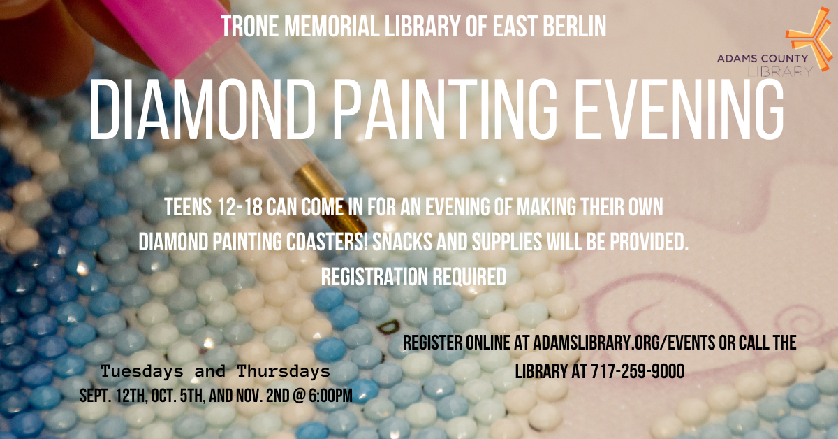 Text about event on top of picture of someone creating a diamond painting
