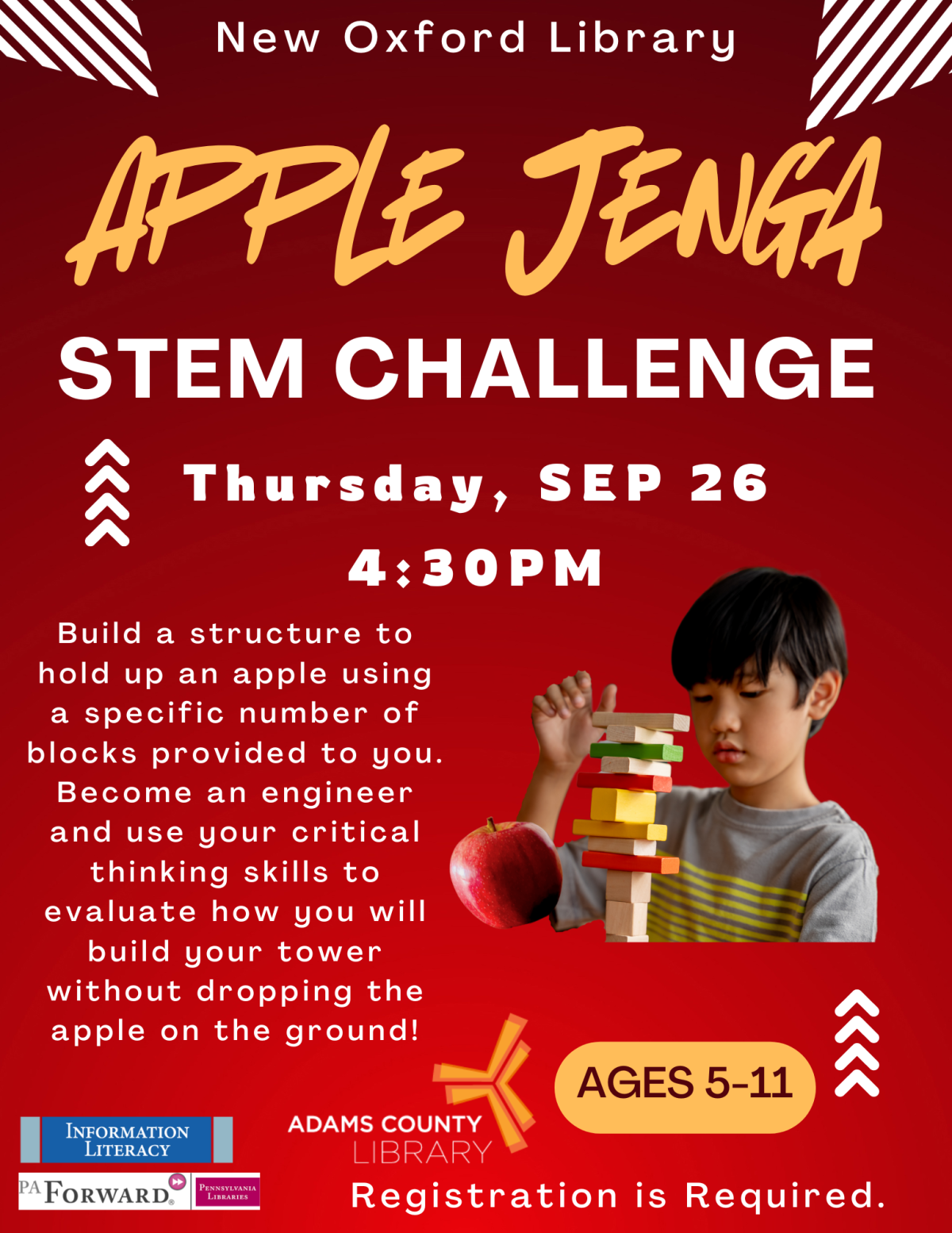 boy with Jenga blocks and an apple