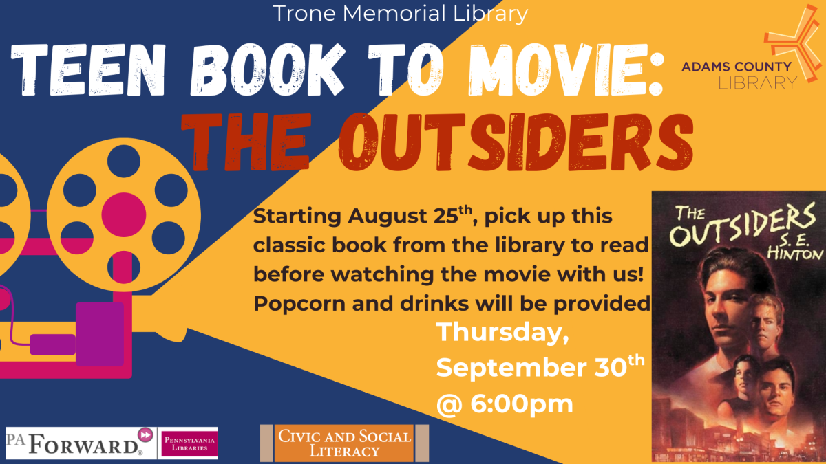Book cover of the Outsiders and film projector with text on event.