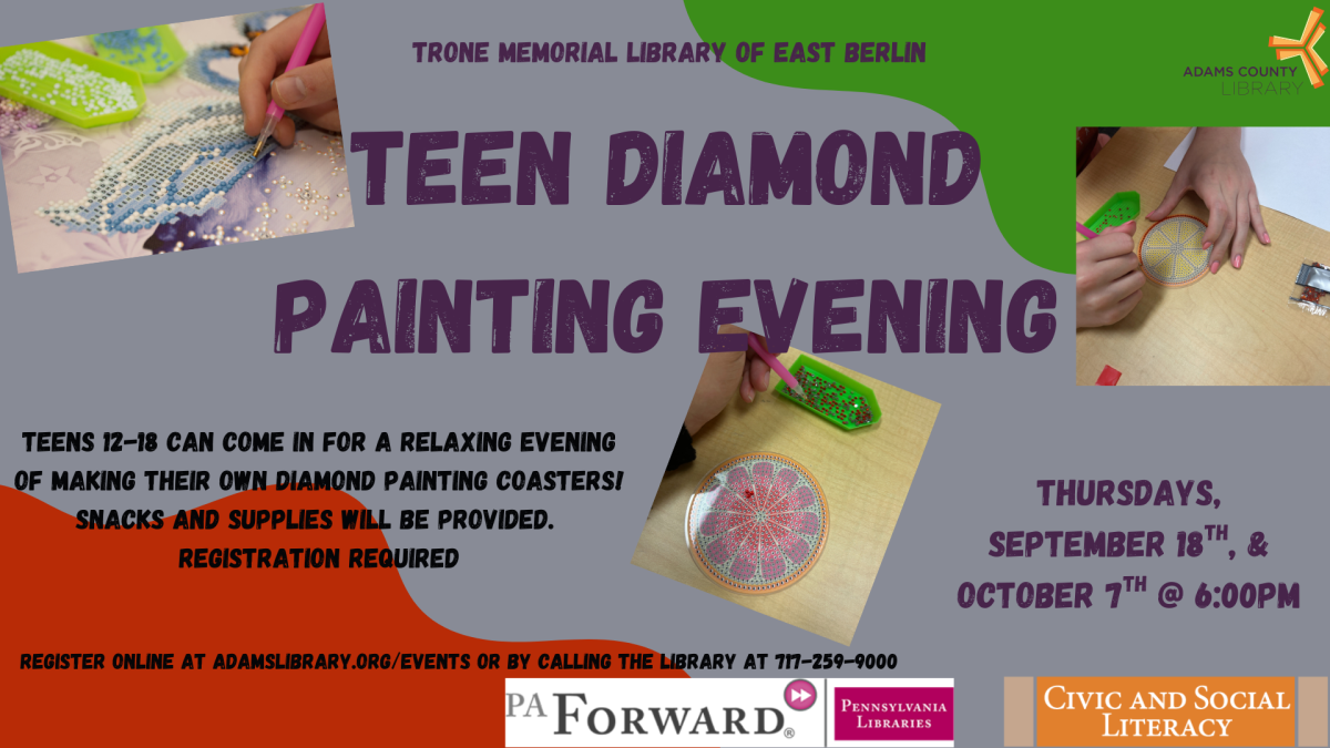 Image of people diamond painting along with text about event.