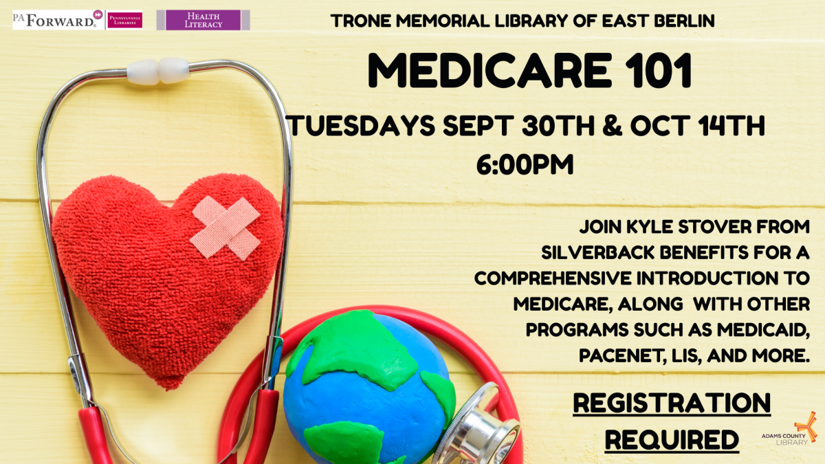 Flyer with globe, heart, and stethoscope alongside information about Medicare 101 with Kyle Stover