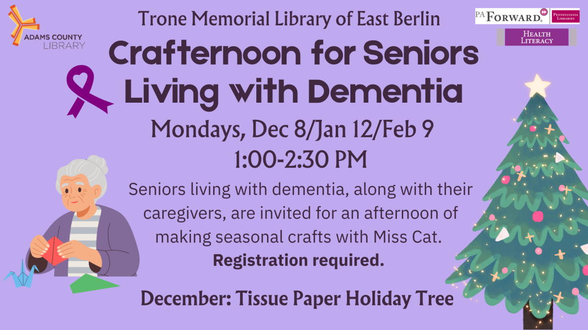 Purple flyer with details for Crafternoon for Seniors with Dementia, on December 8th