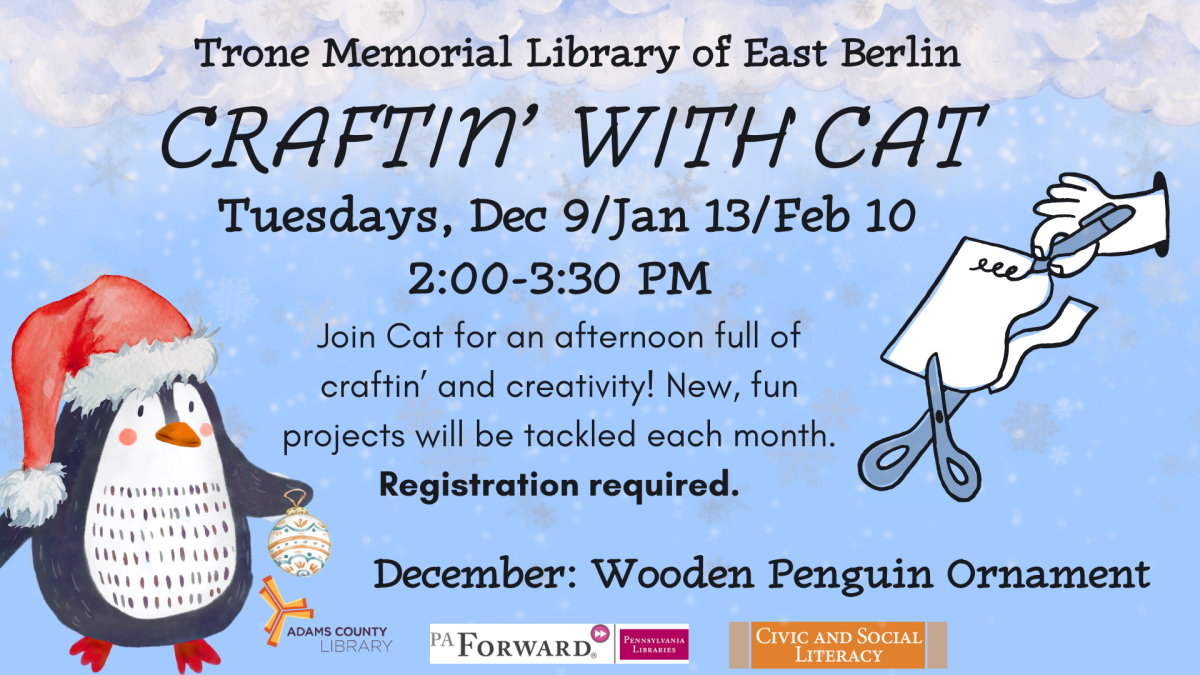Penguin holding ornament alongside information about Craftin' with Cat program